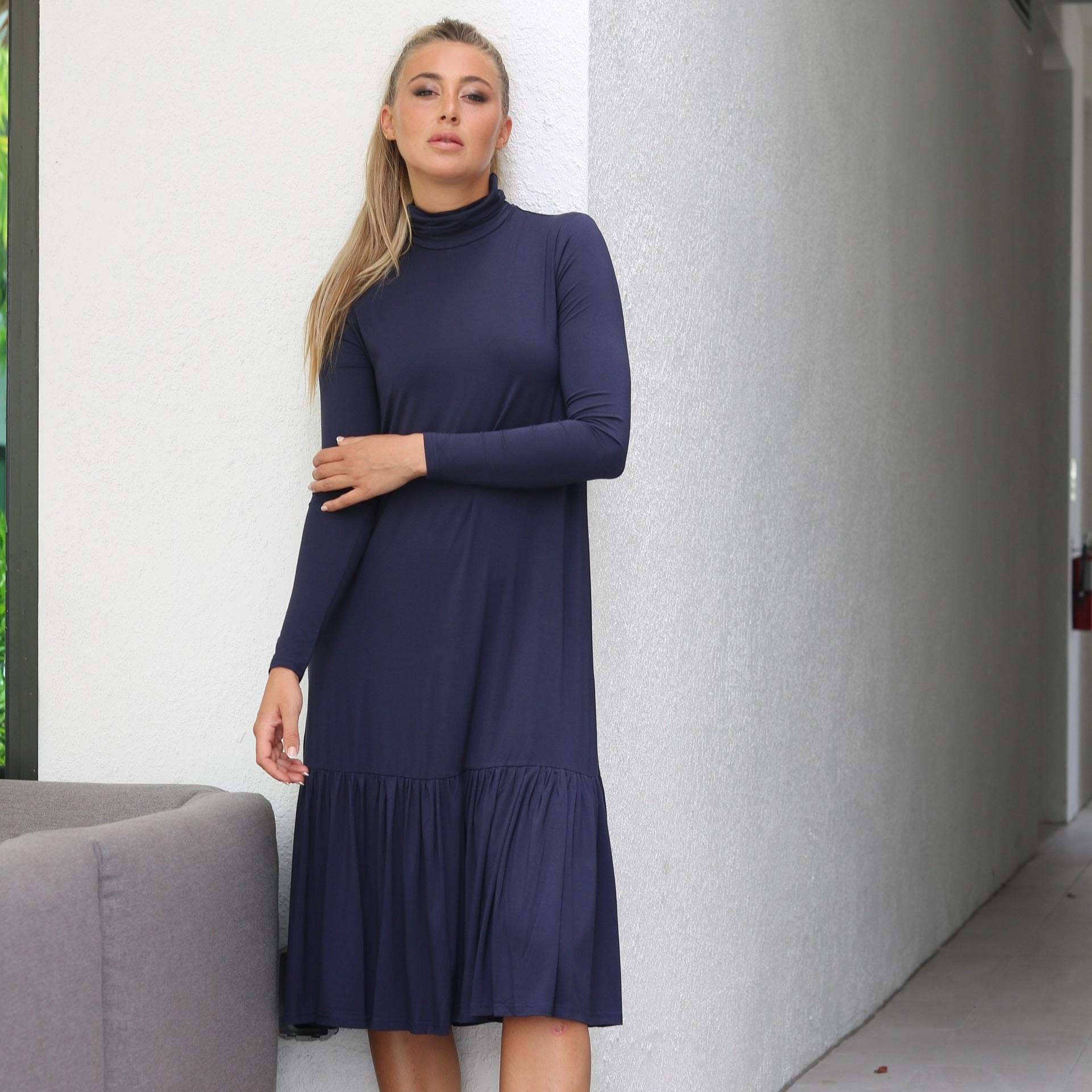 navy blue long sleeve turtleneck dress Chenille Long Sleeve Turtleneck Dress