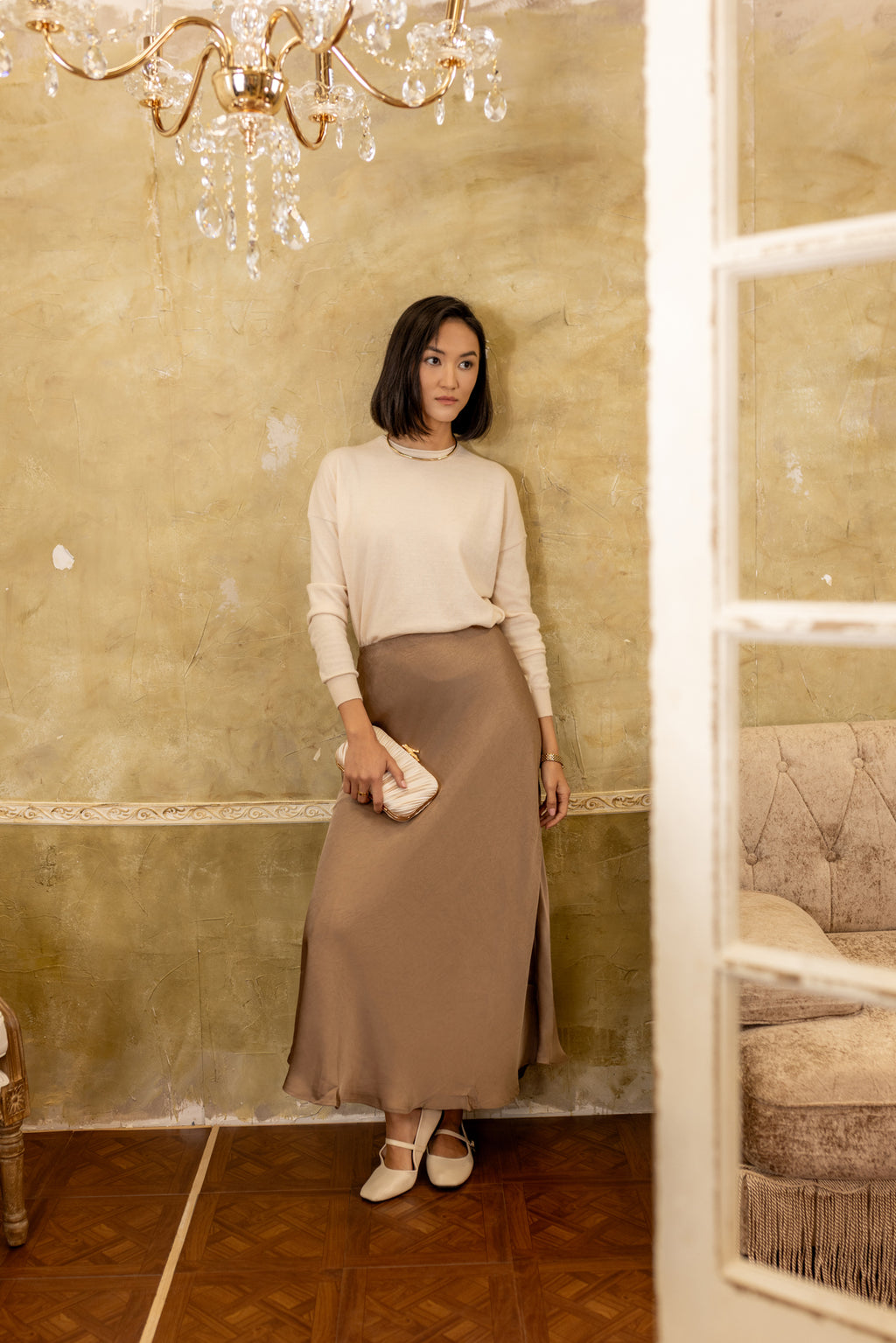 Crinkle Slip Skirt | Camel
