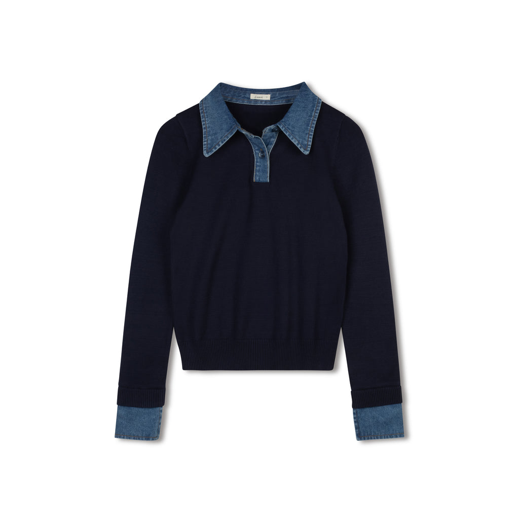 Denim Accented Sweater | Navy