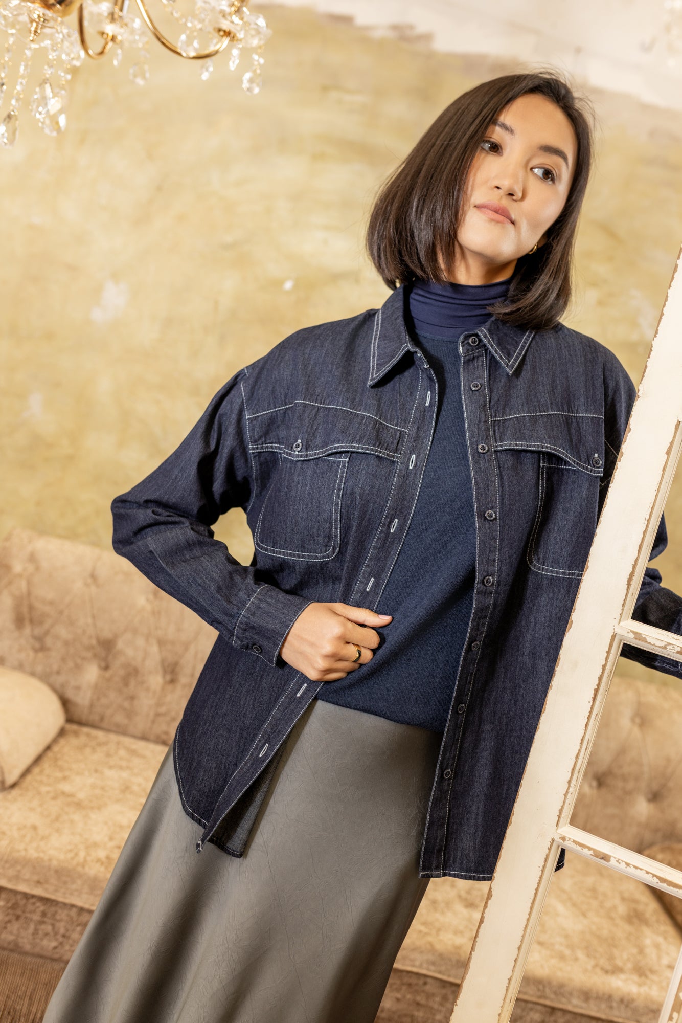 Stitched Denim Blouse | Dark Navy