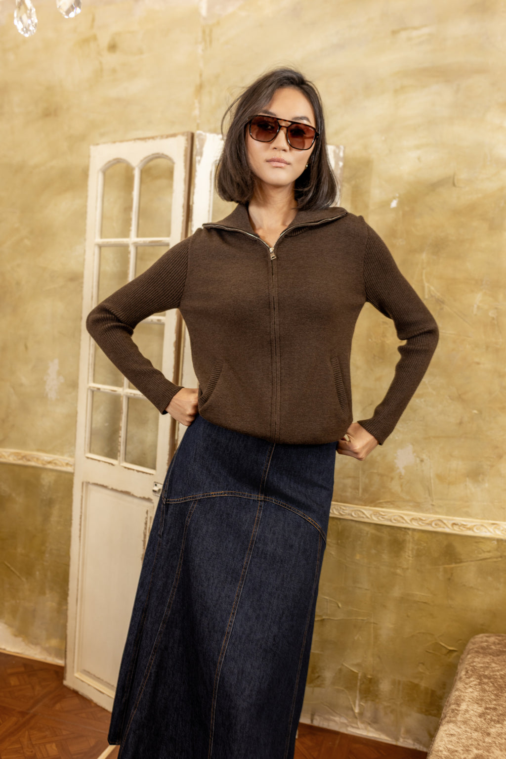 Double Zip Cardigan | Brown