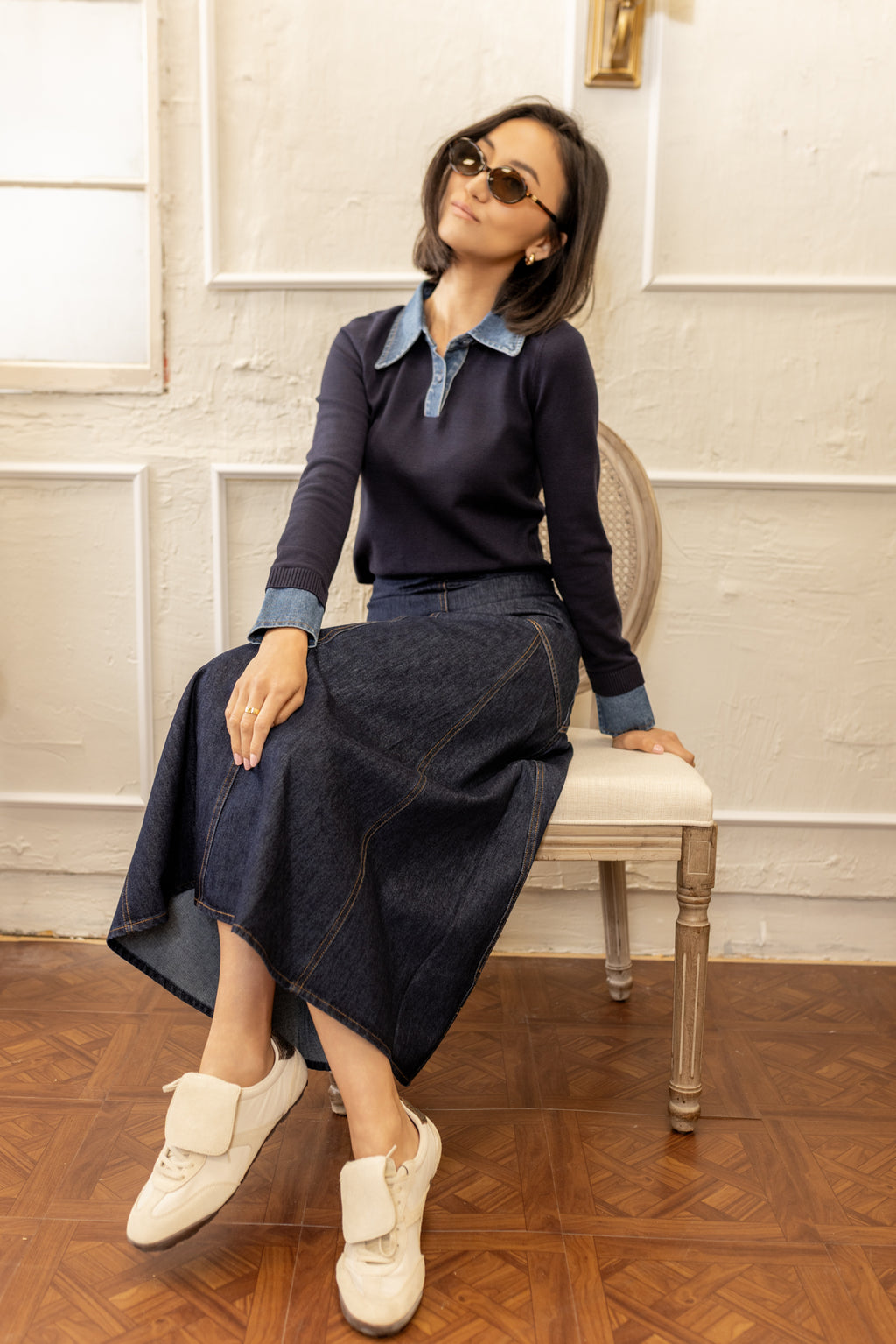 Denim Accented Sweater | Navy