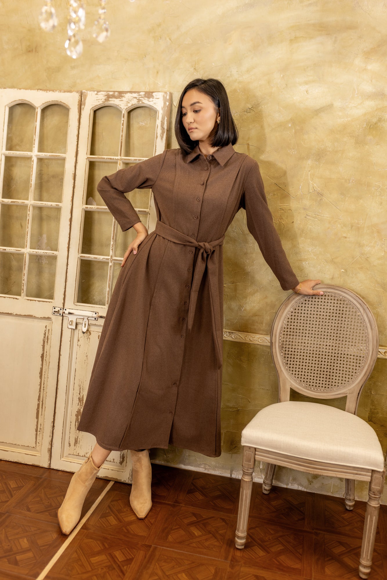Belted Collar Dress | Brown