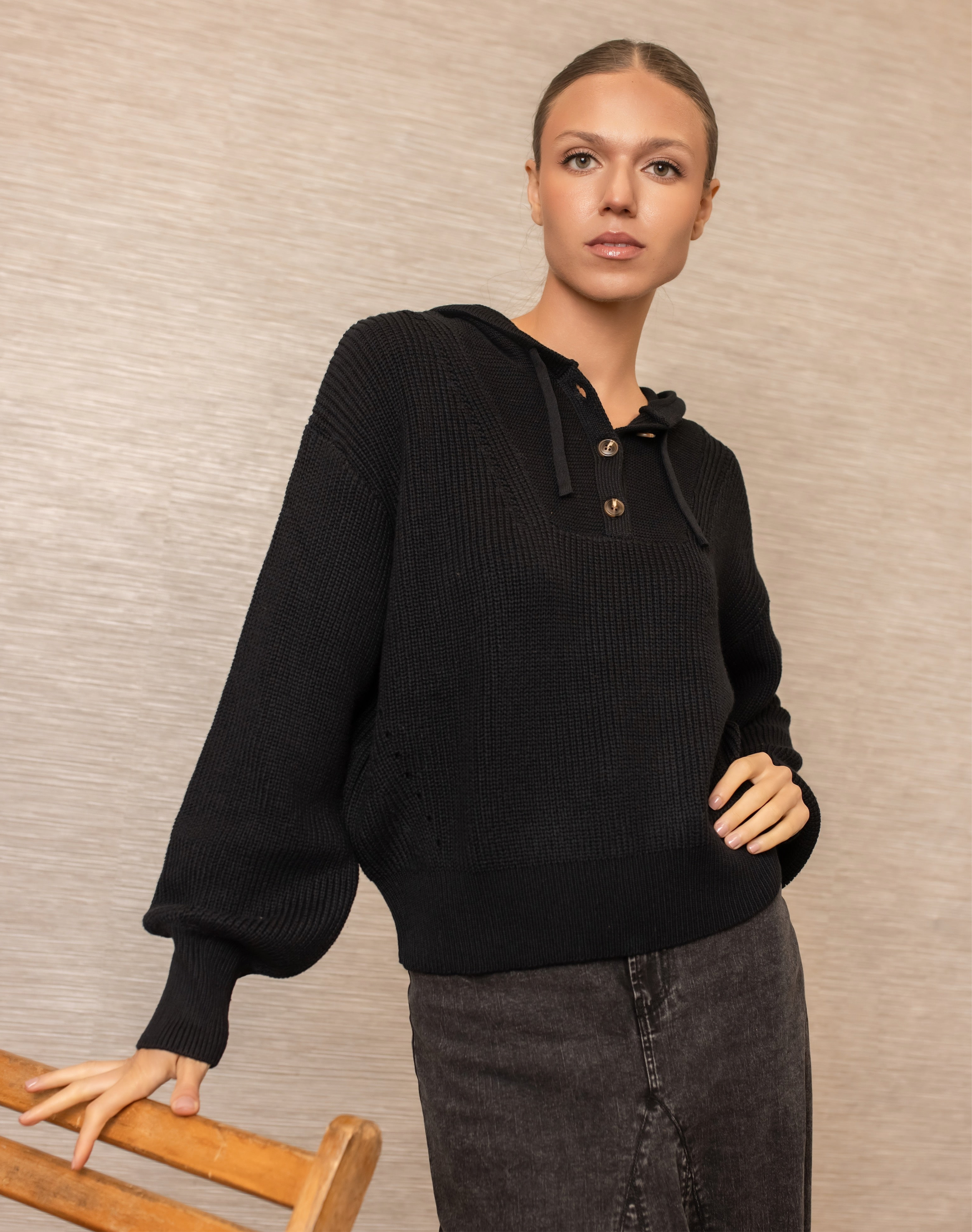 Drawstring Knit Hoodie | Black