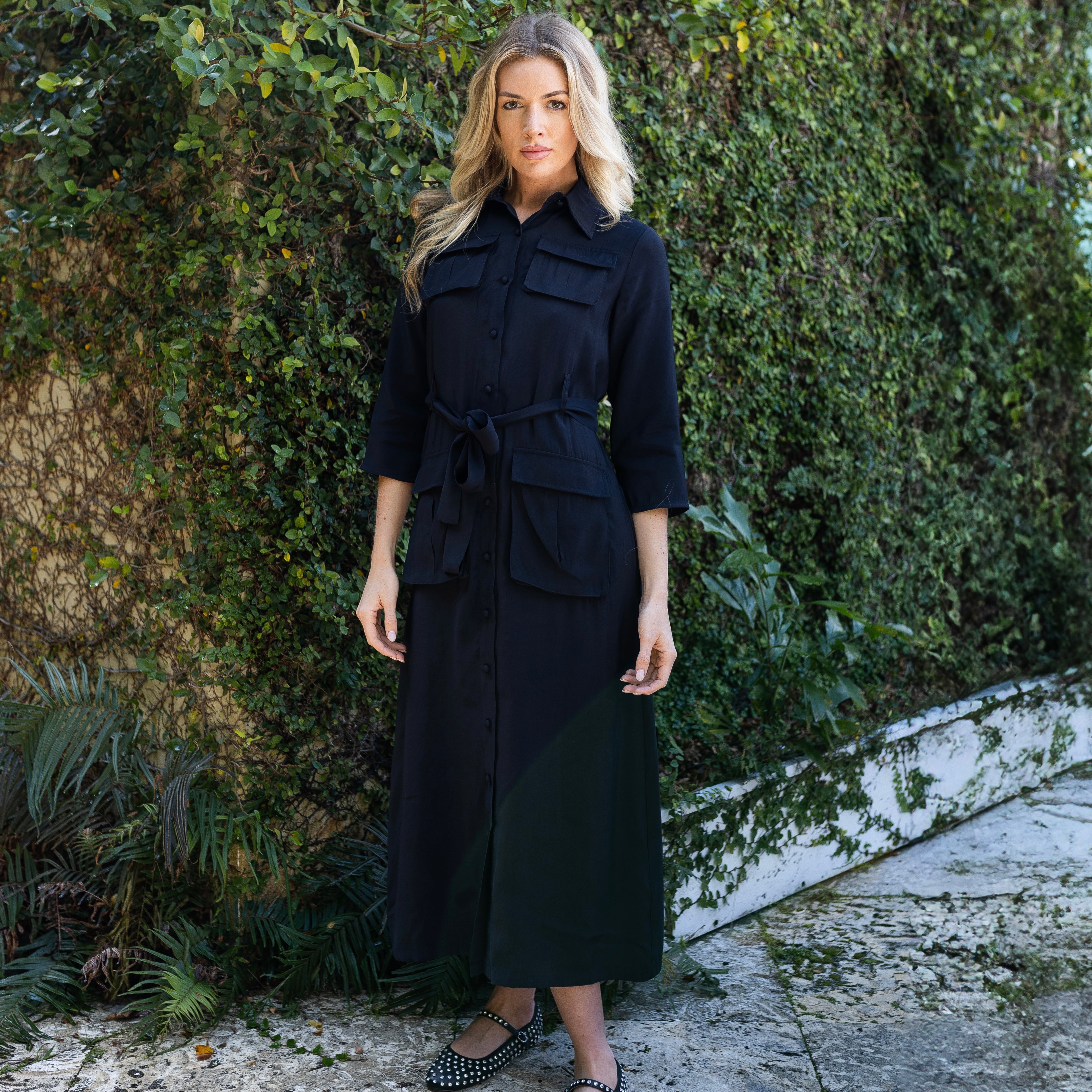 belted shirt dress black boohoo Women's Petite Linen Look Belted Shirt Dress in Black