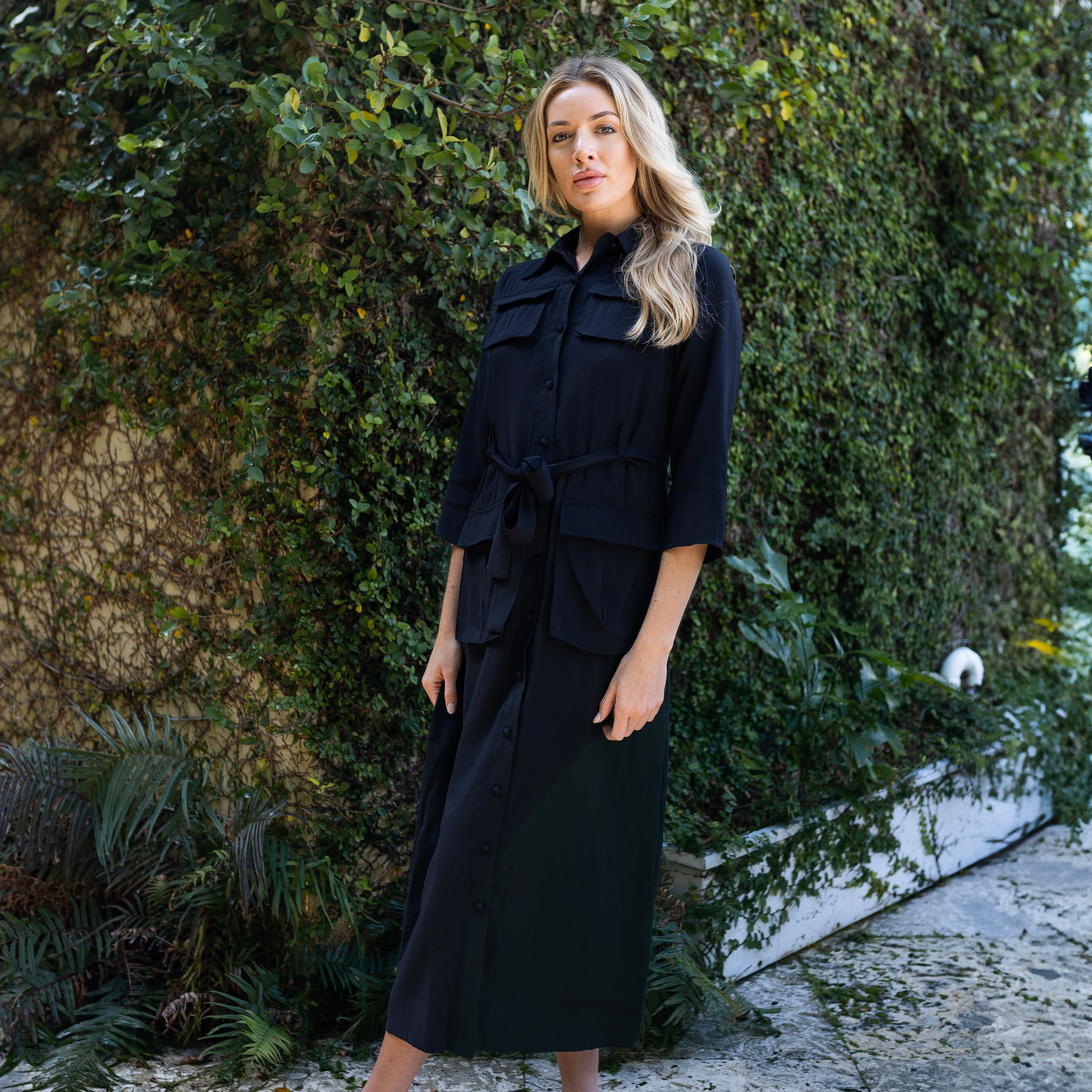 long belted shirt dress Polka Dot Button Down Belted Shirt Maxi Dress In Black