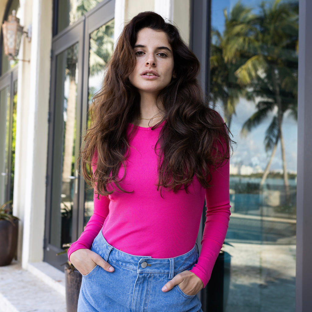 Ribbed V-Neck Tee | Highlighter Pink