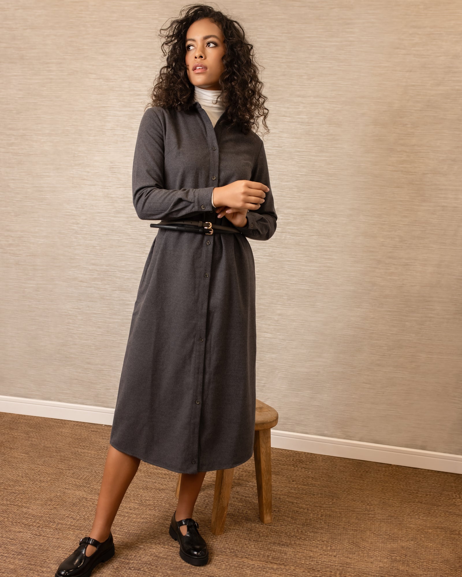 Brushed Button Down Shirtdress | Gray