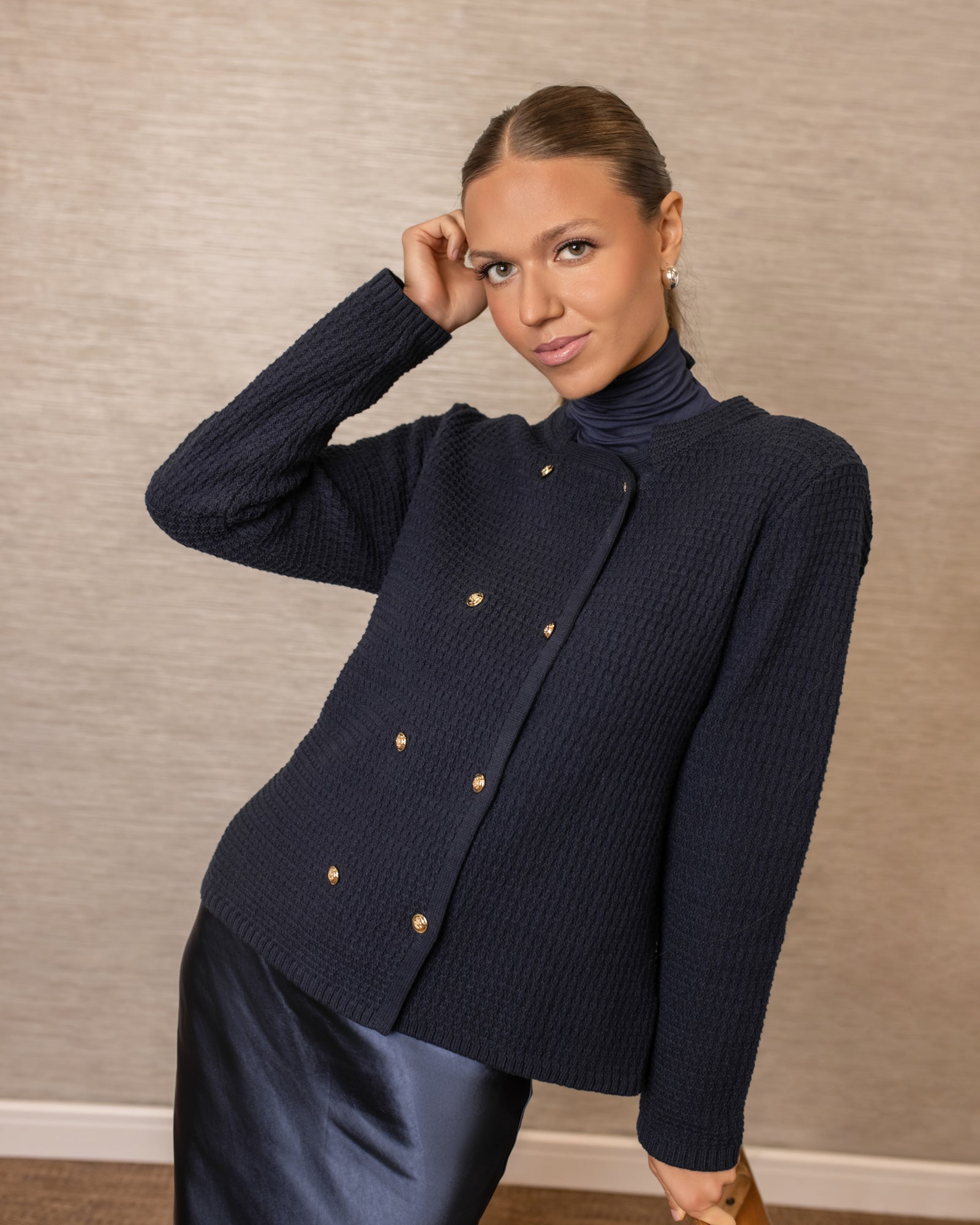 Waffle Knit Cardigan | Navy