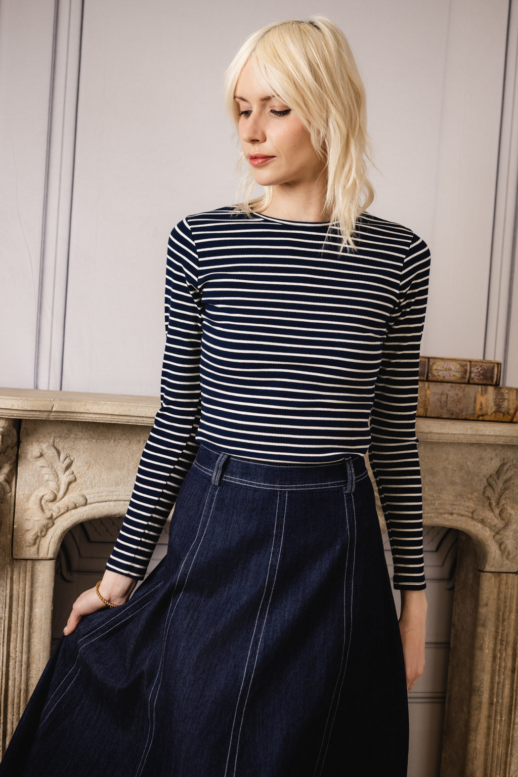 Striped Rib Crewneck | White/Navy