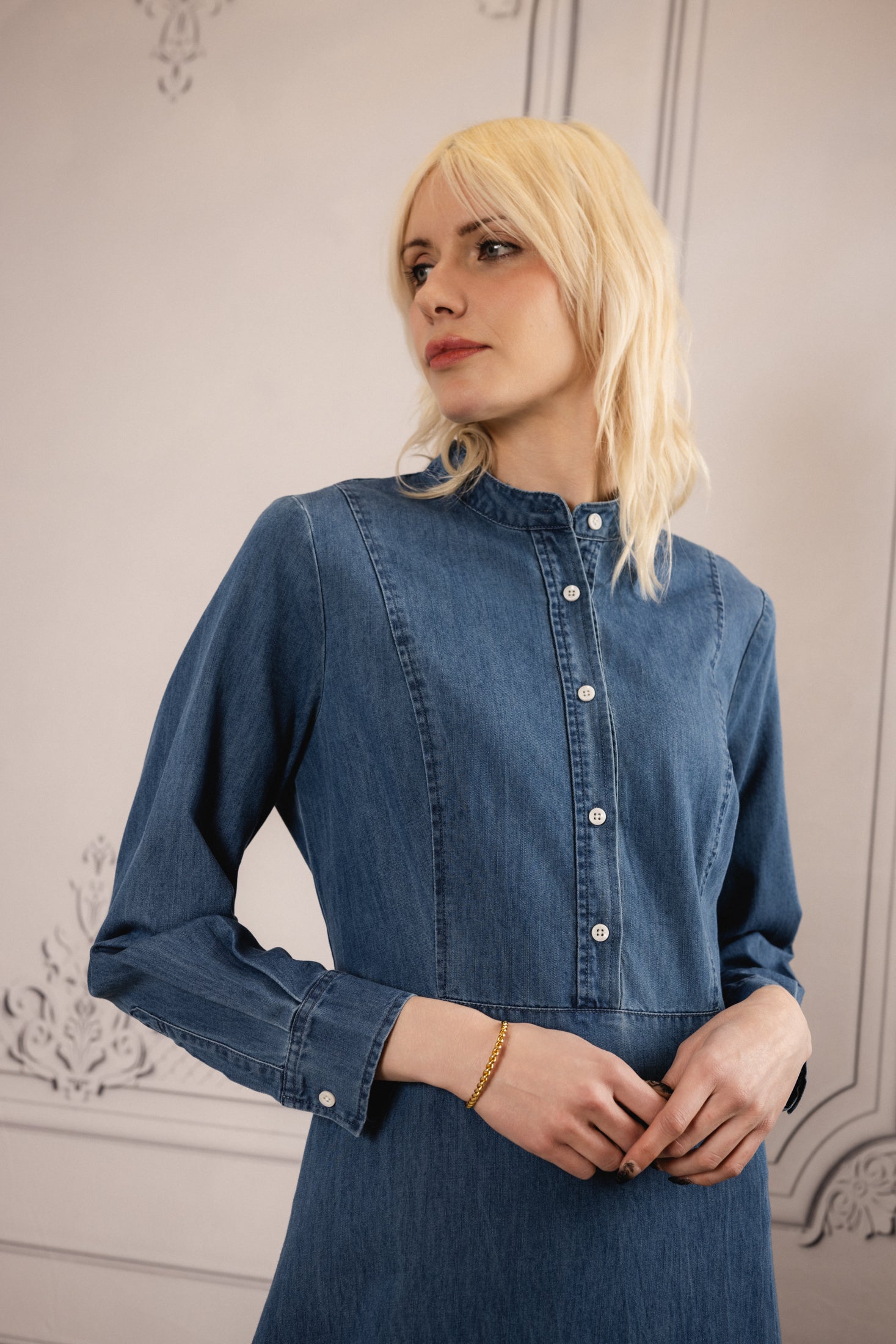 denim maxi dress with sleeves Denim Maxi dress