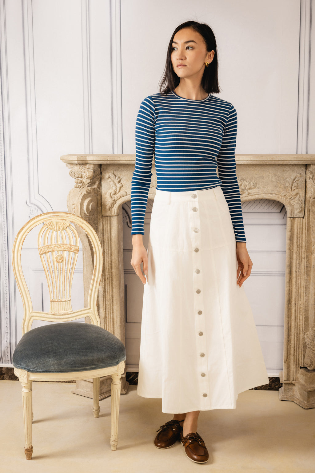 Estelle Button-Down Skirt  | Denim White