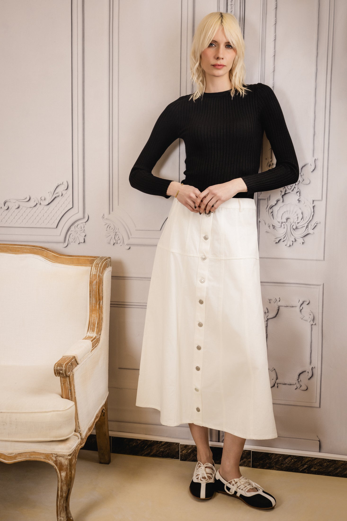 Estelle Button-Down Skirt  | Denim White