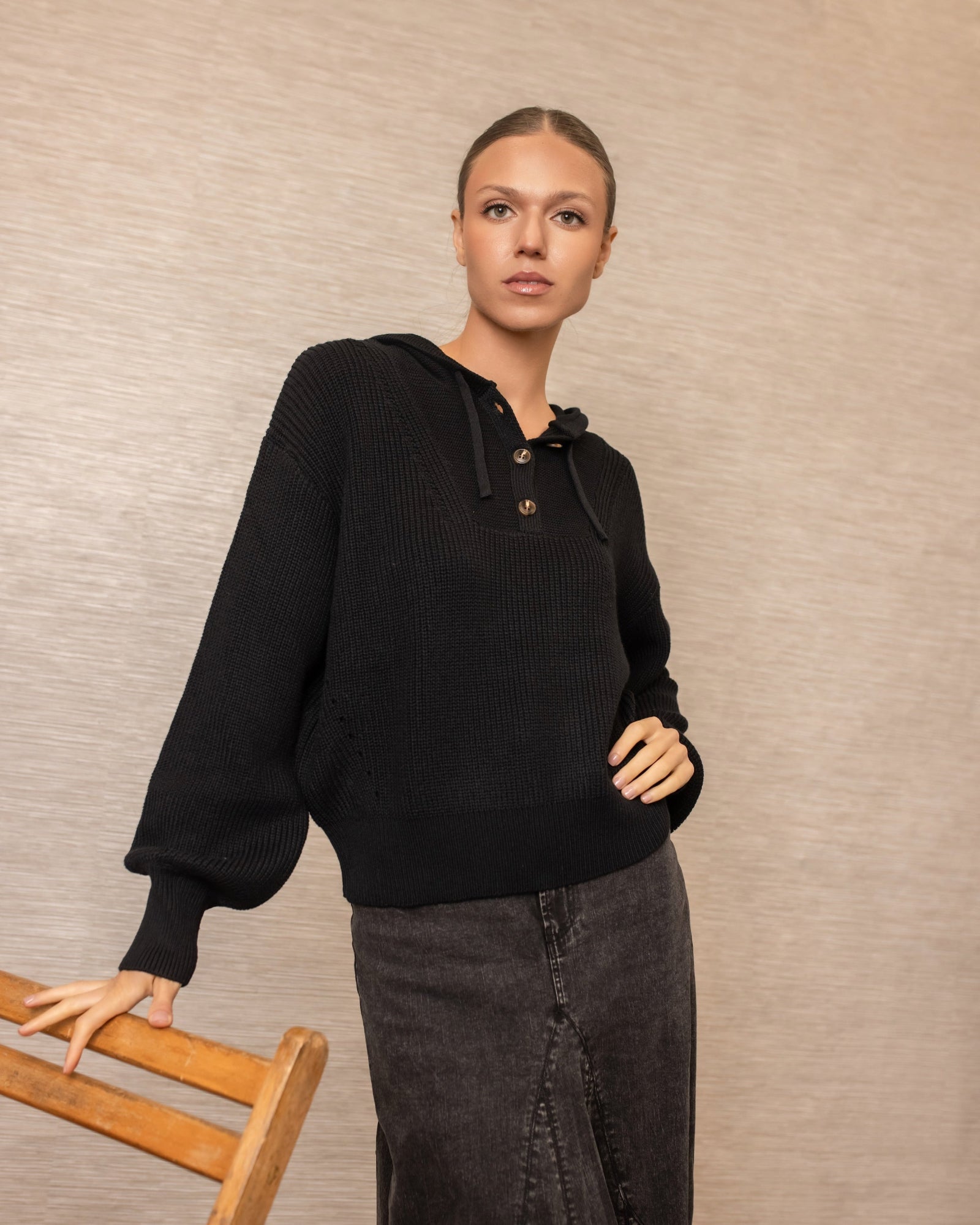Drawstring Knit Hoodie | Black