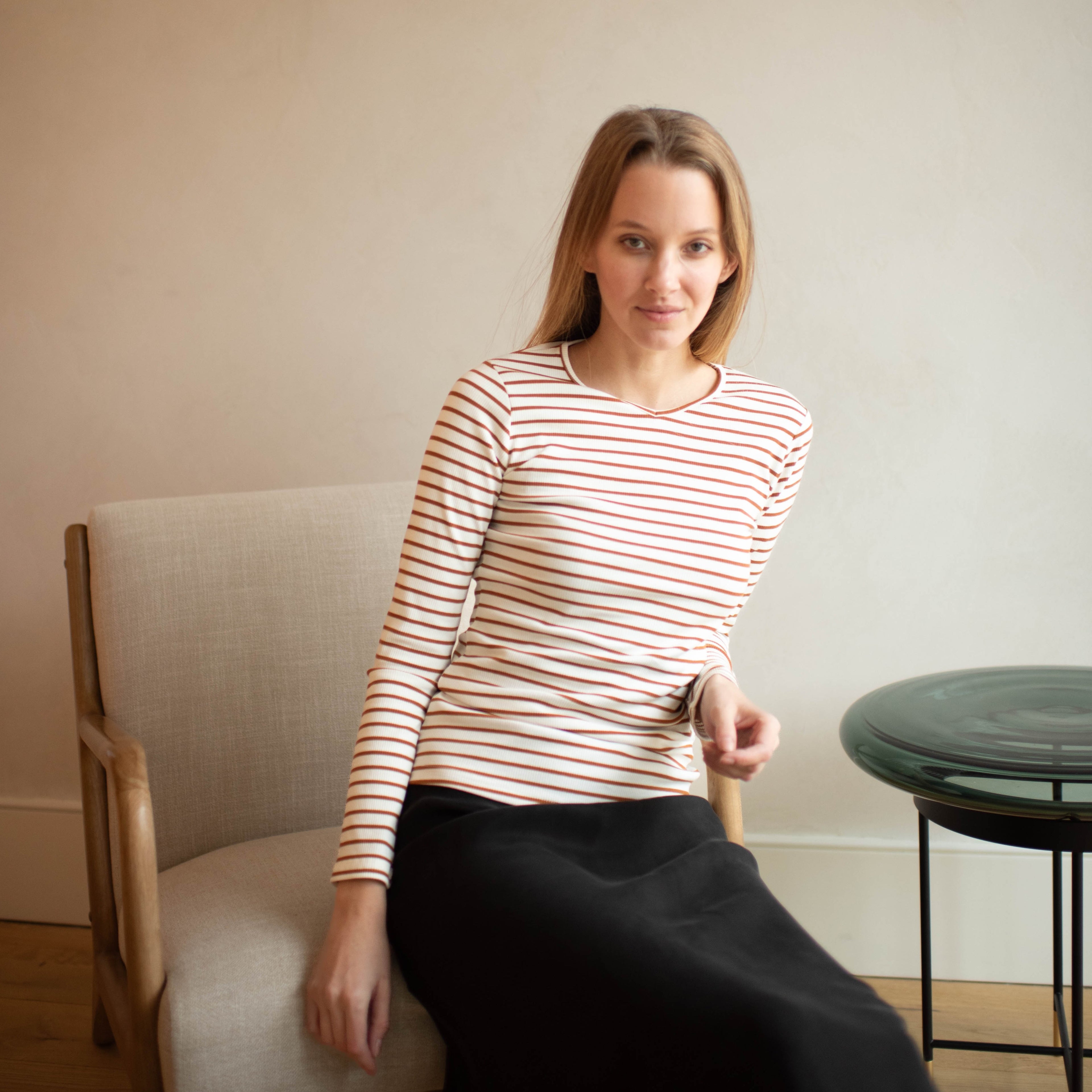 Striped Rib Tee White/Rust [Final Sale]