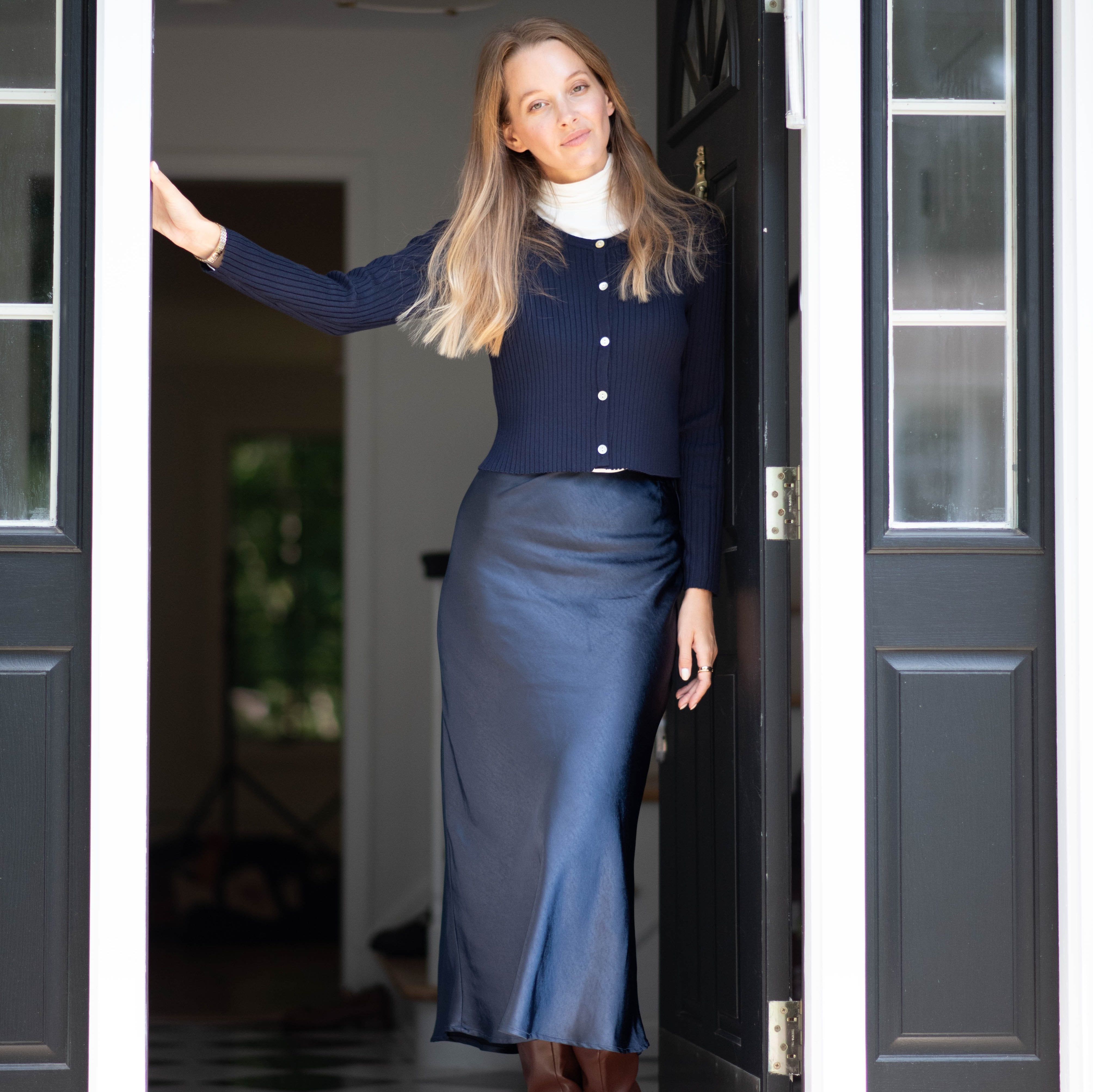 ason CHECK KANGKANG MIDI SKIRT / NAVY Midi Slip Skirt | Navy