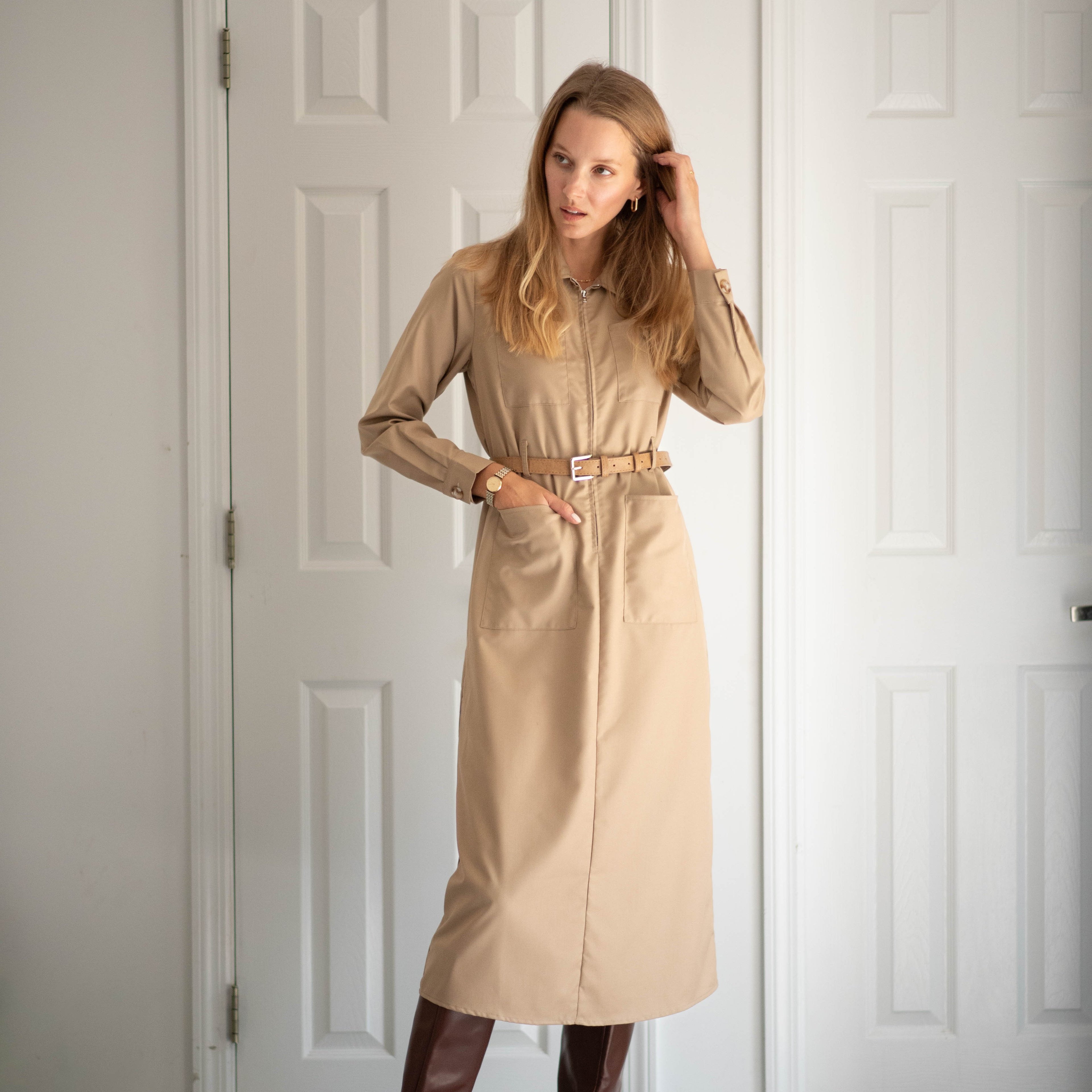 long sleeve cargo dress DKNY Long Sleeve Cargo Midi Dress