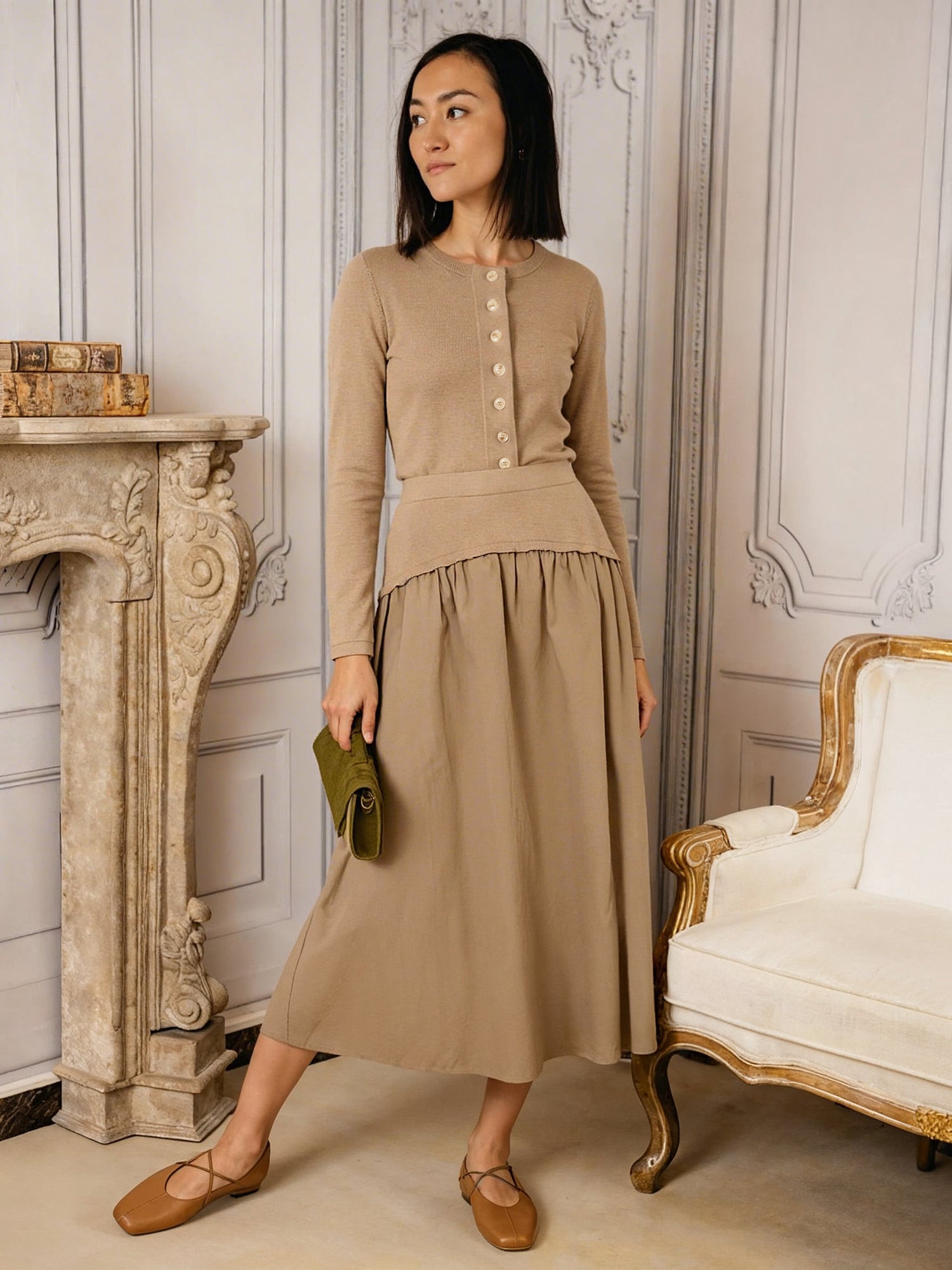 Knit Yoke Skirt | Taupe (Set)