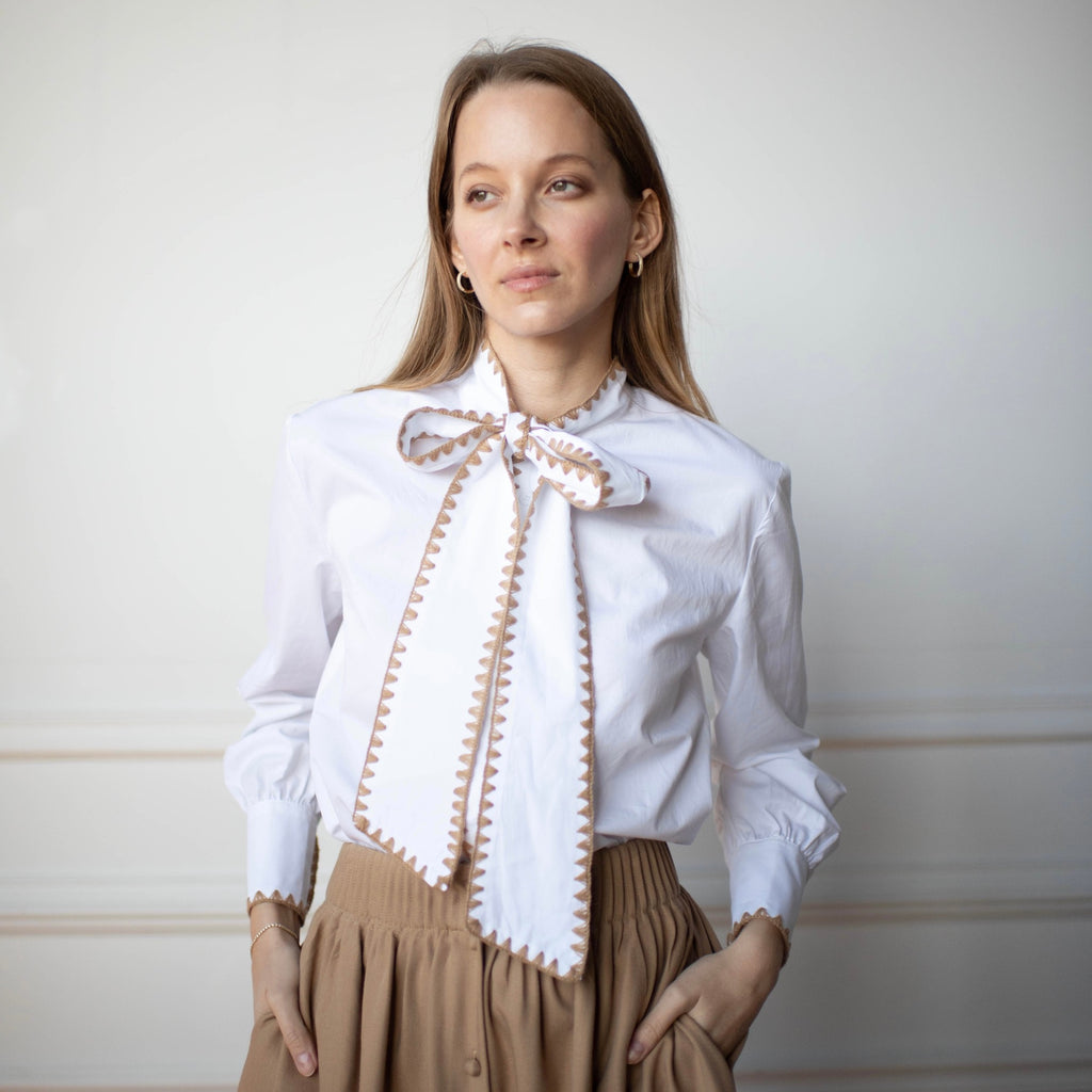 Bow Tie Blouse | Beige stitching [Final Sale]