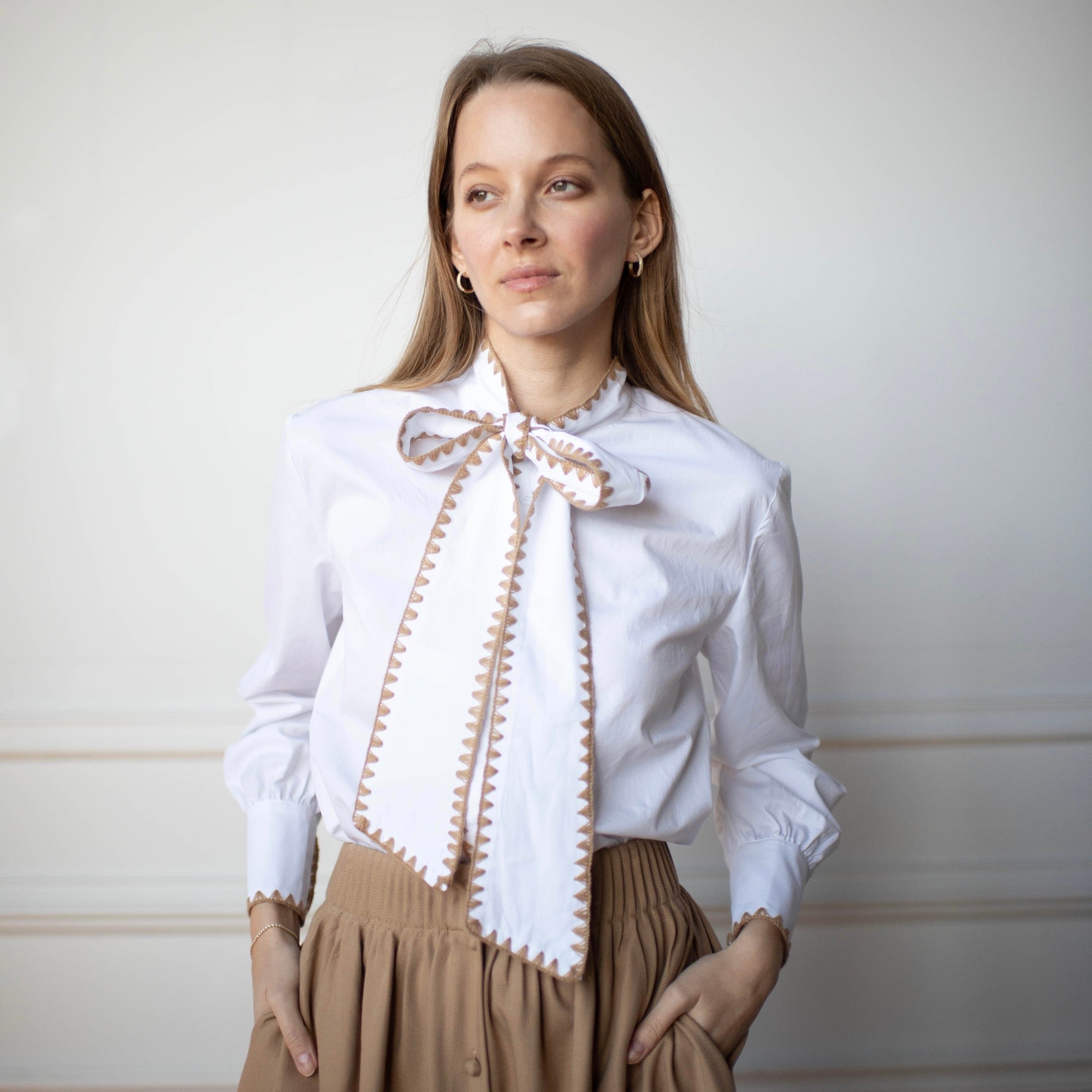 Bow Tie Blouse | Beige stitching [Final Sale]