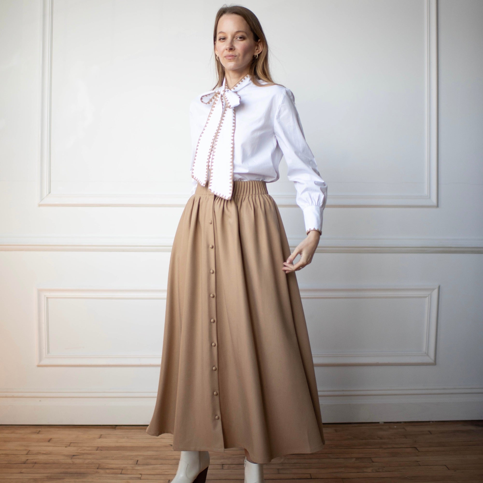 Bow Tie Blouse | Beige stitching [Final Sale]