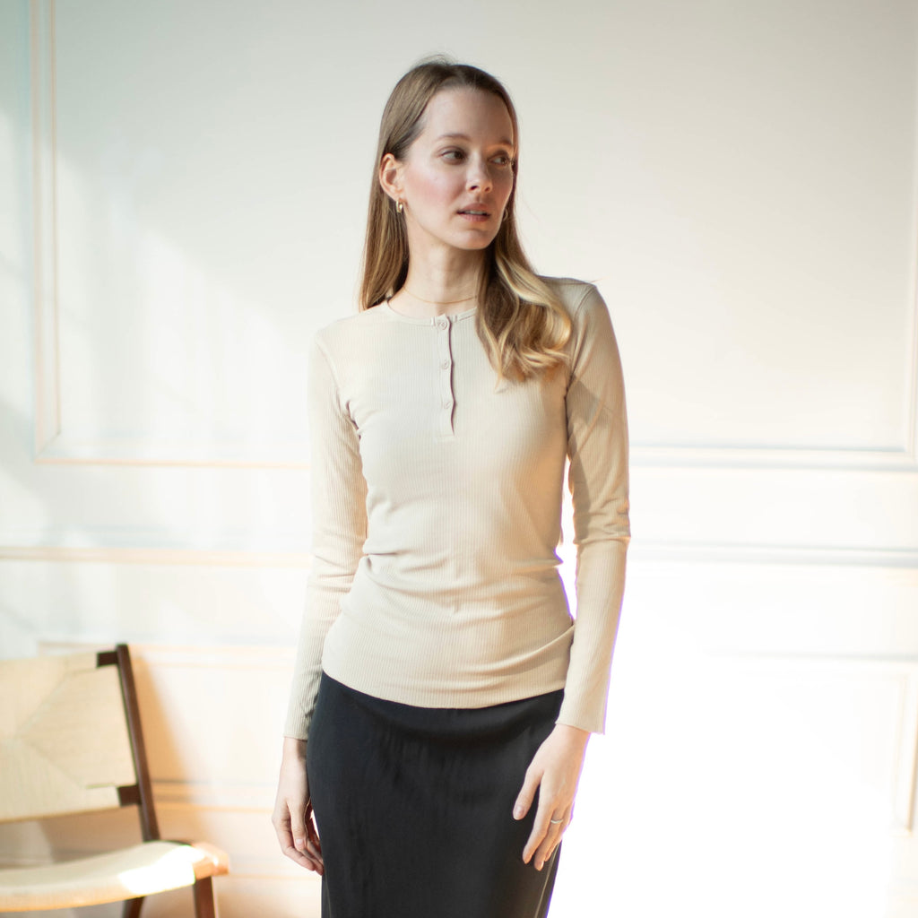 Ribbed Henley Tee | Beige [Final Sale]