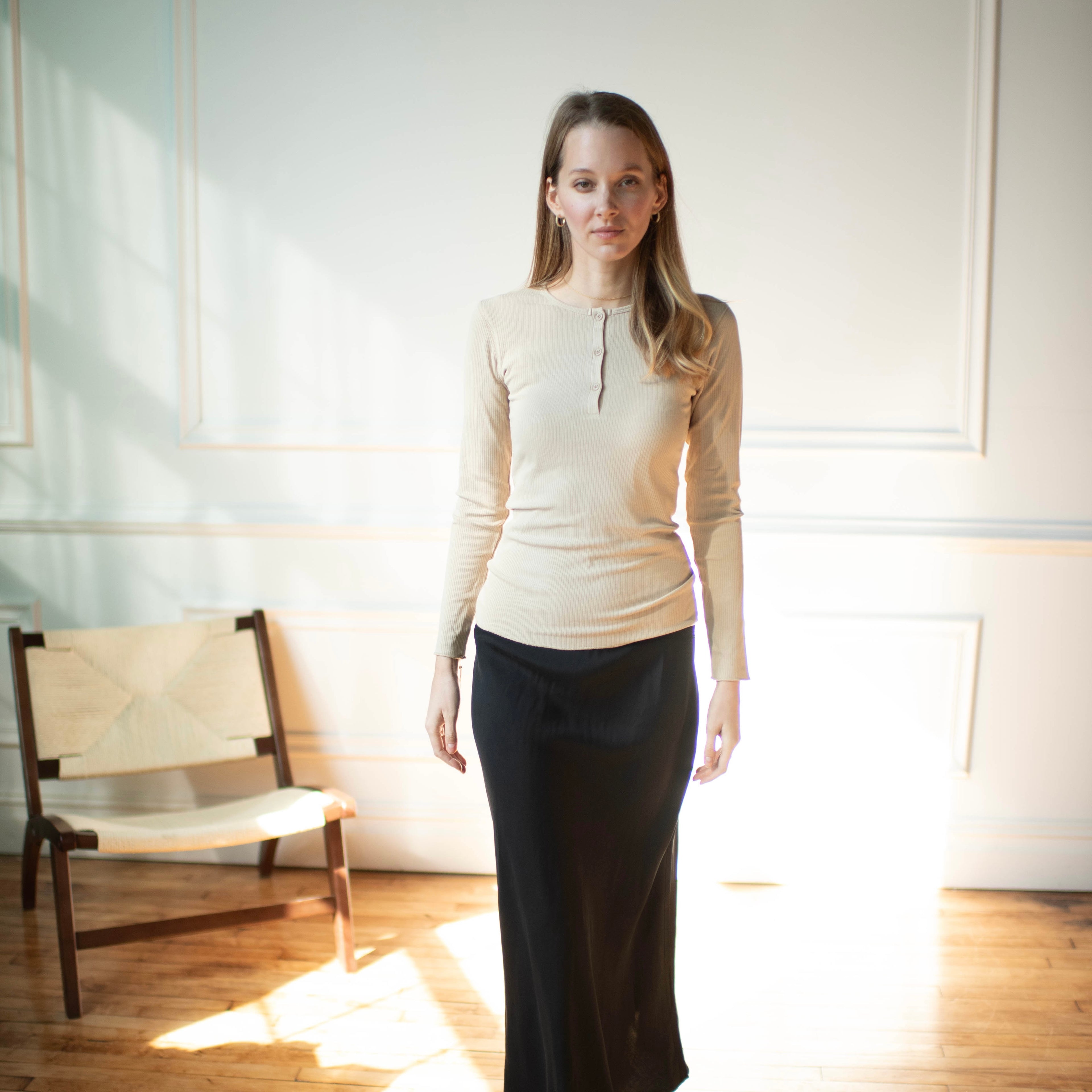 Ribbed Henley Tee | Beige [Final Sale]