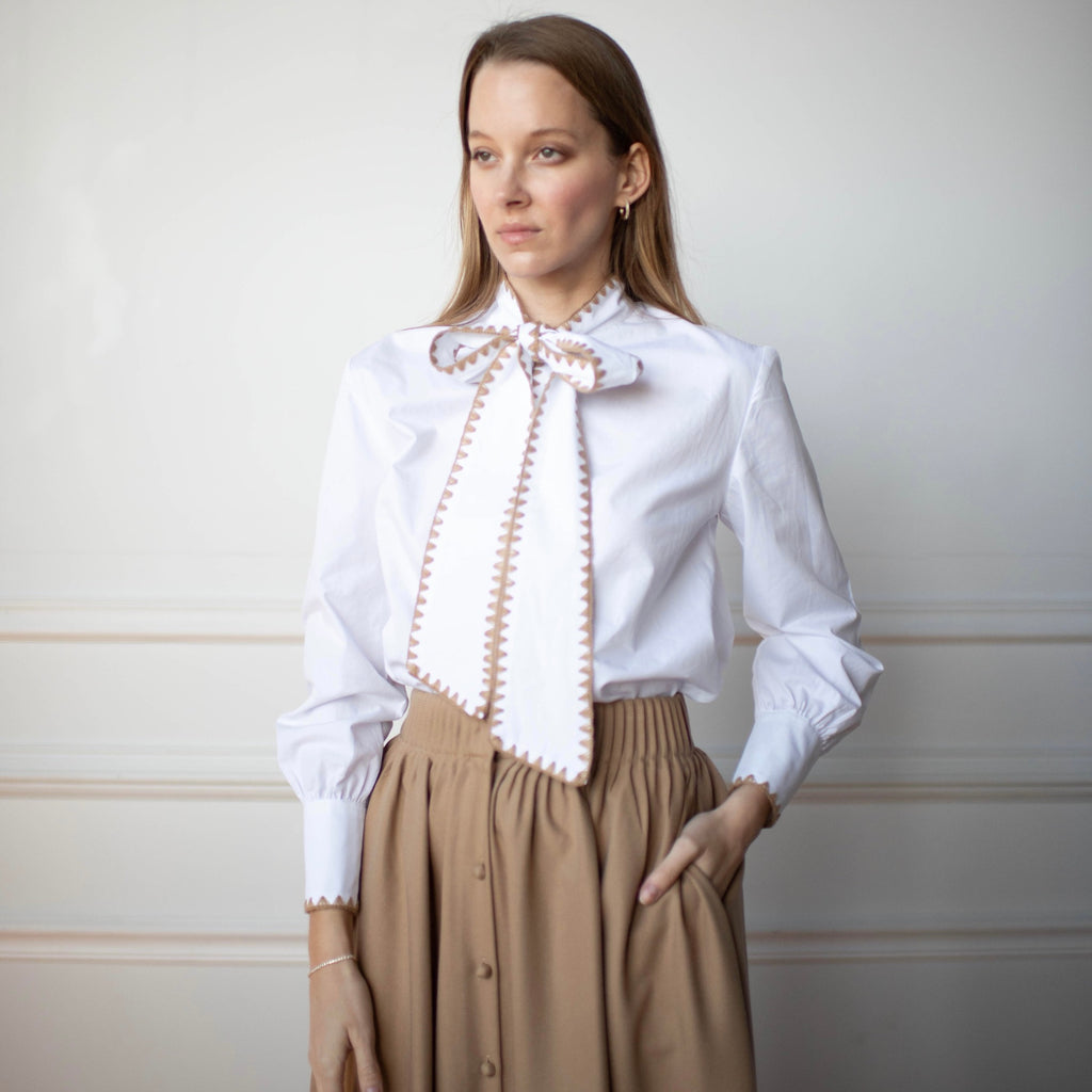 Bow Tie Blouse | Beige stitching [Final Sale]