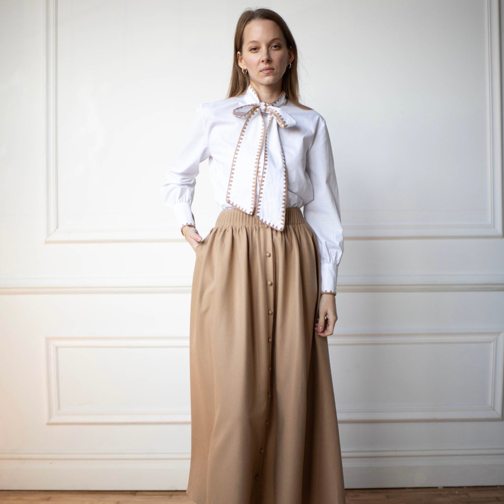 Bow Tie Blouse | Beige stitching [Final Sale]