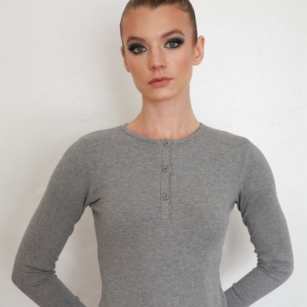 Ribbed Henley Tee | Dark Grey