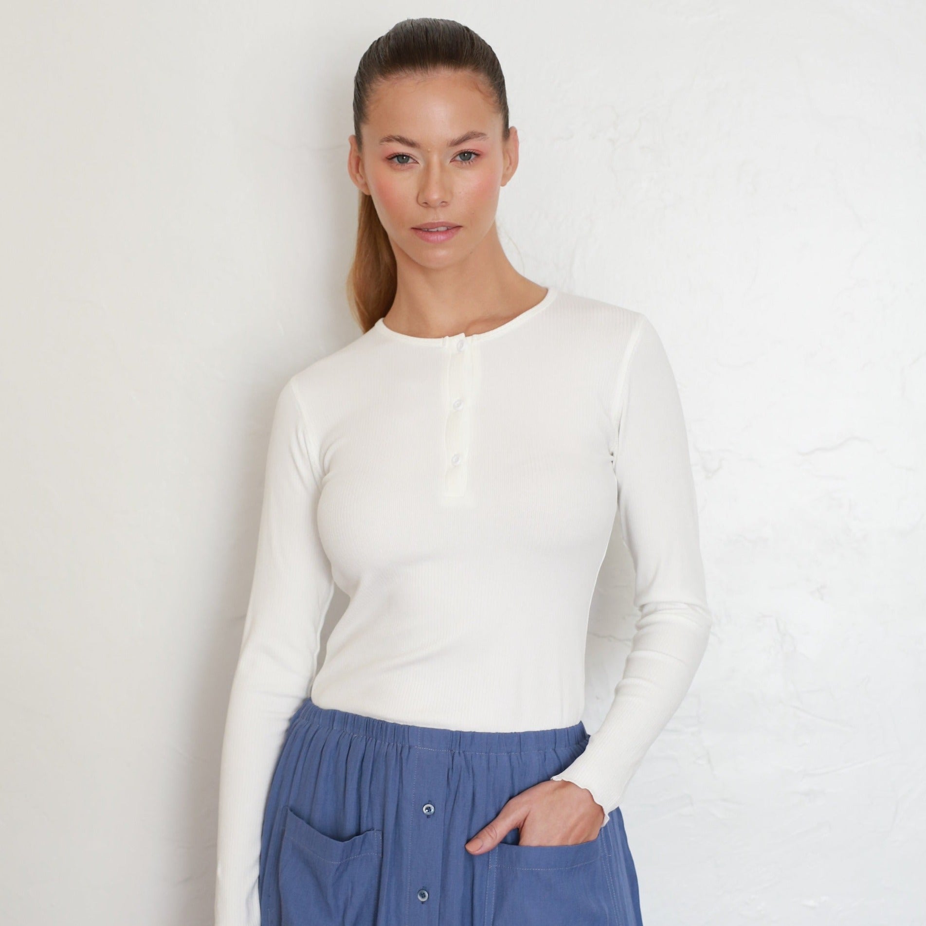 Ribbed Henley Tee | White [Final Sale]