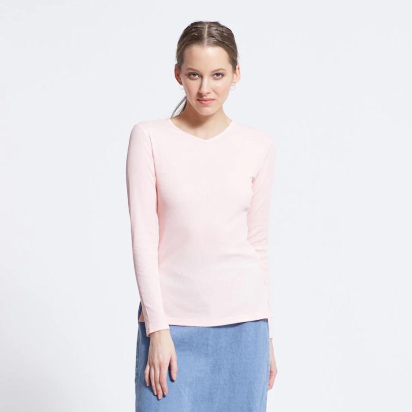 Ribbed V-Neck Tee | Light Pink