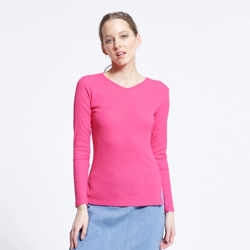 Ribbed V-Neck Tee | Highlighter Pink