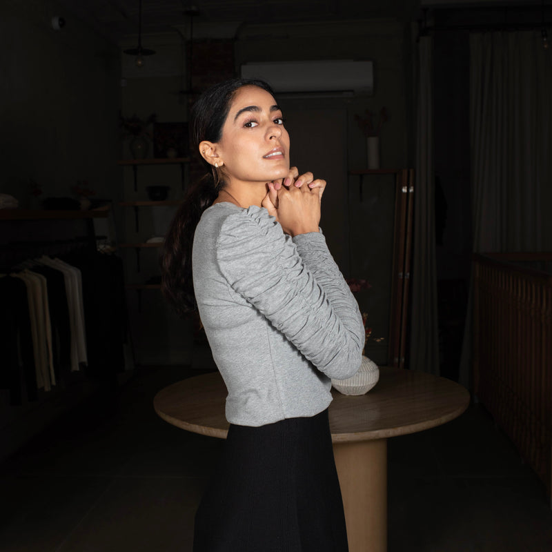 Ruched Sleeve Top | Gray