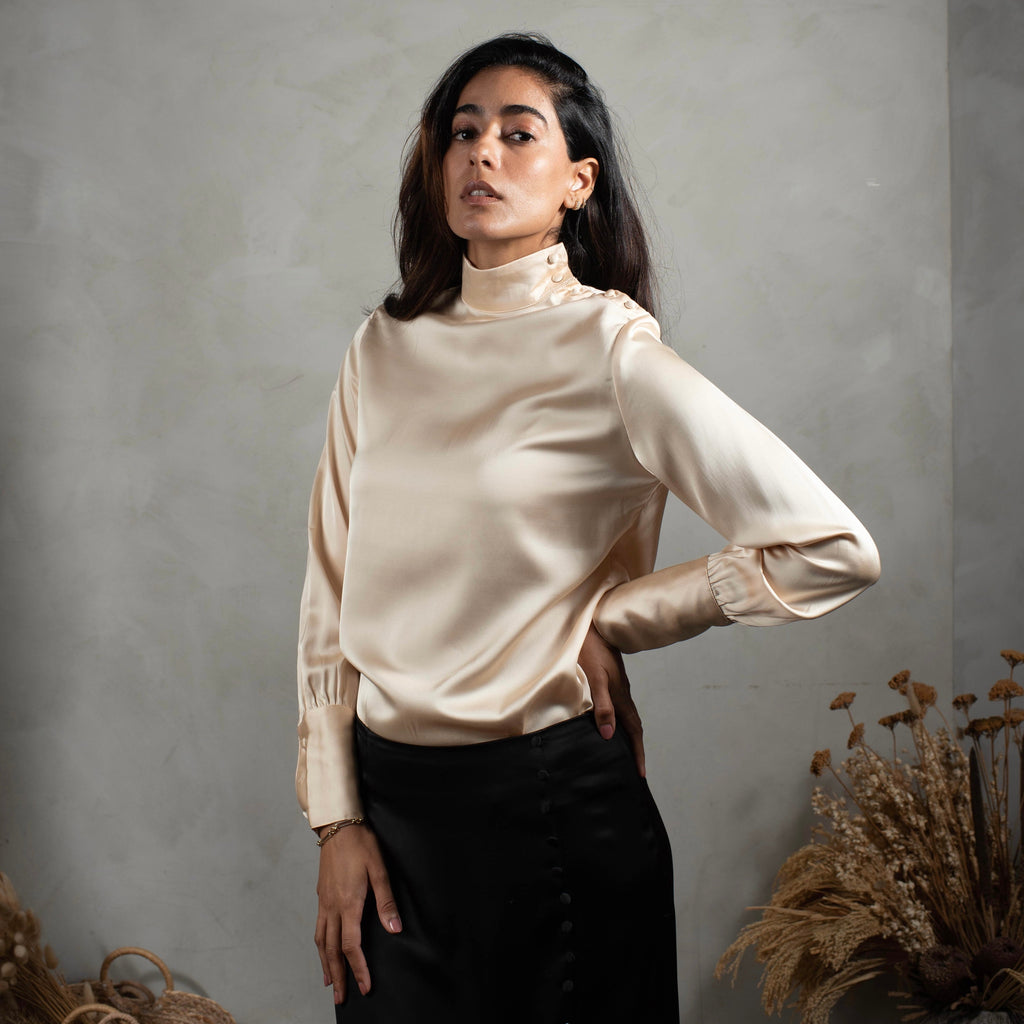 High Neck Satin Top | Champagne