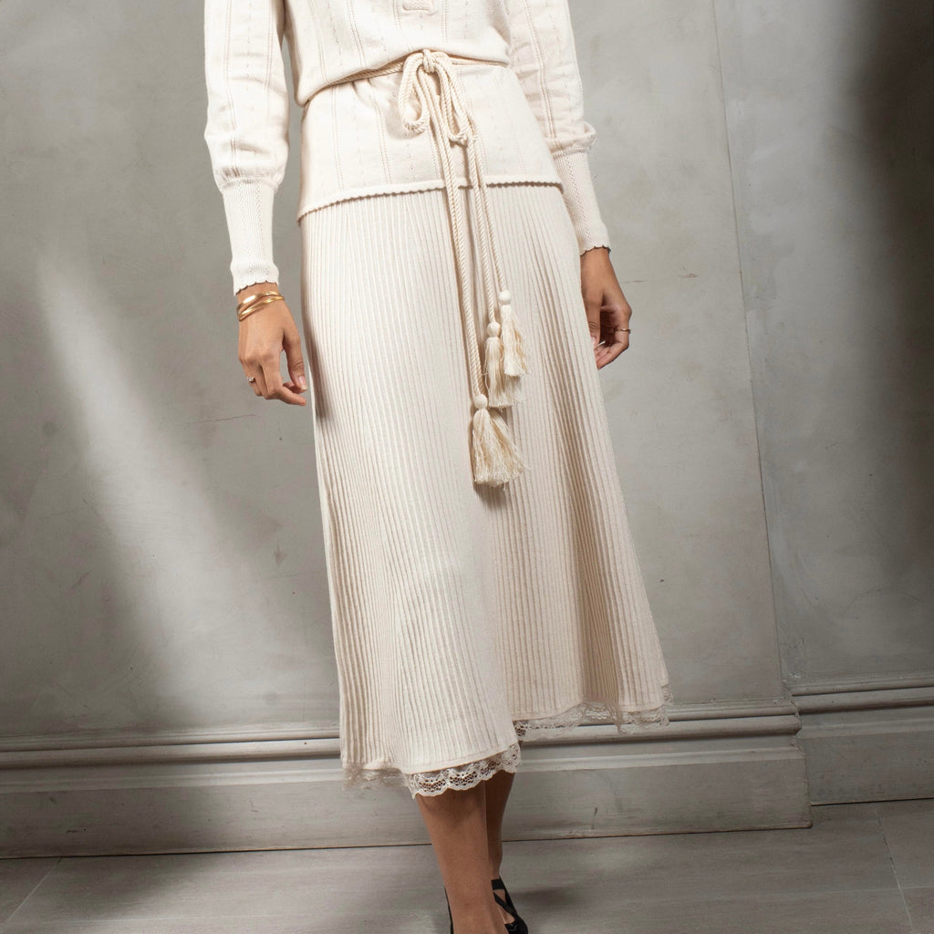 Lace Trim Knit Skirt | Cream