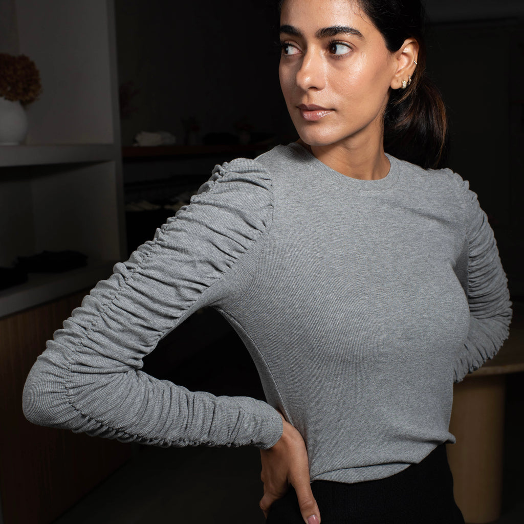 Ruched Sleeve Top | Gray