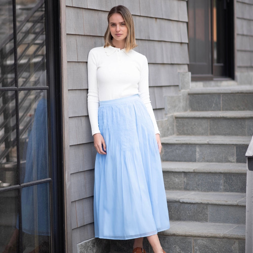 Versatility of Long Light Blue Skirt